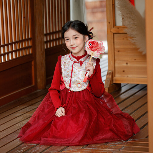 Huatian Cai New Chinese Hanfu Girls New Year's Clothes Autumn and Winter Children's New Year's Clothes Thickened Dresses Princess Dress New Year's Clothes