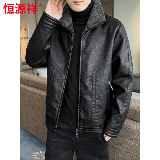 Hengyuanxiang autumn and winter leather jacket men's velvet thickened fur all-in-one warm jacket fat man loose plus size leather jacket trend black 6917 L