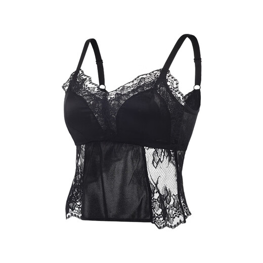 Tangerine satin silk big breasts showing small back beautiful mulberry silk sexy thin lace bra all-in-one suspender for women black M