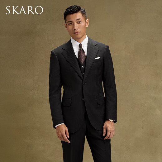 SKARO 130 count Australian pure wool wedding suit men's business herringbone pattern three-piece suit black herringbone pattern SKG1511B size 46 top, please note the size of the trousers