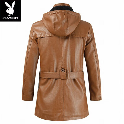 Playboy (PLAYBOY) high-end mid-length men's leather jacket Korean style new youth large size hooded PU leather windbreaker men's jacket brown XL