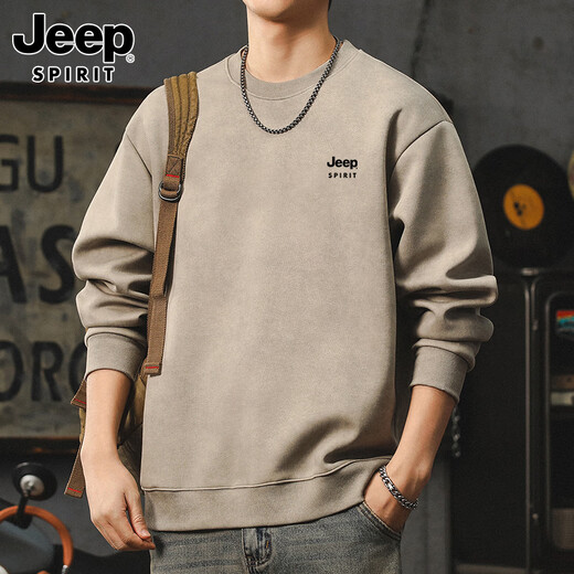 JEEP SPIRIT Jeep heavy sweatshirt men's autumn and winter American retro long-sleeved T-shirt round neck bottoming shirt men's Khaki XL