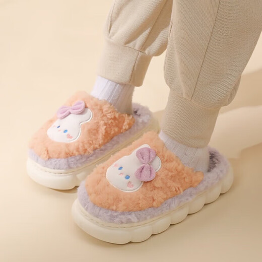 Children's cotton slippers for men and women, warm cartoon autumn and winter household thick-soled anti-baby slipper plus plush cotton slippers B2269 pink and purple cute rabbit cotton slippers with heel, plus velvet, 32-33, inner length 19cm