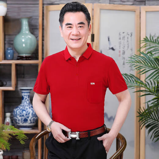 贝吉棋新疆棉夏季短袖t恤棉的男士宽松中老年人翻领带口袋爸爸装大红色 反(领)701宝蓝色 52# 【135-150斤】