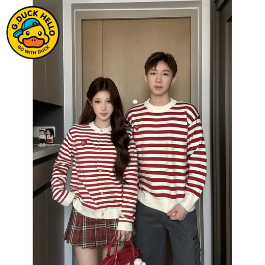 G.duck small month old parent-child clothing baby rompers love sweaters children's clothing family of three autumn and winter red striped sweaters red stripes 66 baby sweaters (8-13Jin Jin equals 0.5 kg)