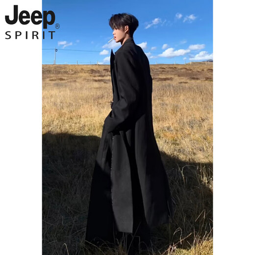 JEEP SPIRIT Black Peel Collar Waist Woolen Coat Men's Autumn and Winter Thickened Shoulder Padded Coat Over Knee Long Godfather Windbreaker Black Upgraded XL 130-145Jin Jin is equal to 0.5 kg