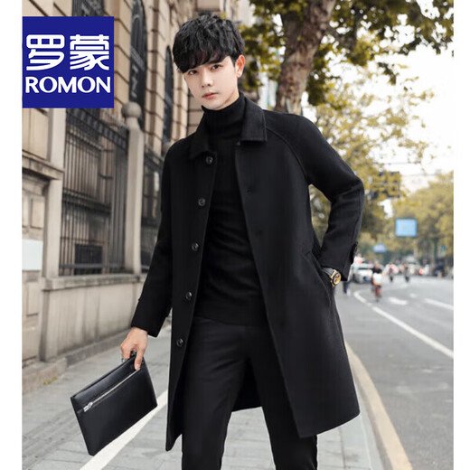 ROMON double-sided woolen mid-length woolen coat men's autumn and winter casual versatile coat young and middle-aged cold-proof warm windbreaker men black XL / weight 120-135Jin Jin is equal to about 0.5 kg