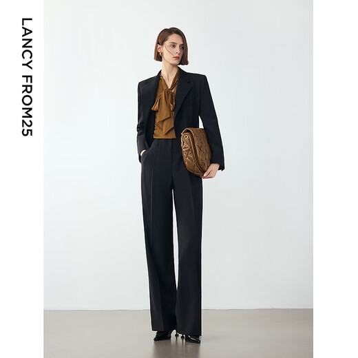 Langzi 2024 winter new style wool high-end straight wide-leg trousers, slim and elegant black suit pants, black M