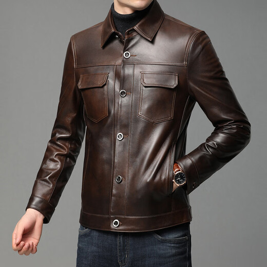 Pangdonglai Supermarket purchases Haining leather jacket for men with short lapel, slim fit, fashionable, warm and thickened, the same style, black M, suitable for 110-120 Jin Jin is equal to 0.5 kg