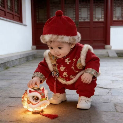 Hongyile baby clothes, winter clothes, one-year-old dress, baby winter jumpsuit, Chinese style New Year's greeting suit, full moon and 100th day New Year's wear, safe and happy thickened jumpsuit + vest (without hood) 100cm 15-18 months 25-28Jin Jin equals 0.5 kg