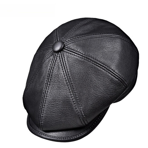 Saimandie men's high-end genuine leather cap, peaked cap, genuine leather octagonal hat for middle-aged and elderly people, retro newsboy hat, sheepskin painter hat, black XXL (59-60cm)