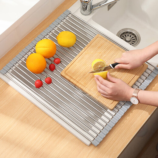 Stainless steel drain roller curtain kitchen sink drain rack foldable drain rack mildew-proof silicone storage rack jt large thickened drain rack-folding storage kitchen expansion/takes up no space/high and low temperature resistance
