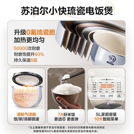 SUPOR rice cooker 5 liters large capacity 4-5 people 0 fluorine glazed porcelain round thick kettle liner household non-stick firewood rice multi-function micro-pressure smart rice cooker small fast series F50X71