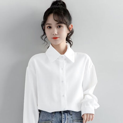 Ainolun white shirt for girls spring new college long-sleeved white shirt for women spring and autumn simple and versatile Korean style student casual white mall version exquisite fabric 160 S