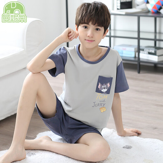 Mannido boys pajamas summer new short-sleeved boys pure cotton children big children's cotton thin youth home clothing set N6621 [double short] 175 larger version L code [115-135Jin[Jin equals 0.5 kg]]