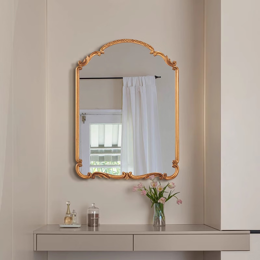 European retro art dressing mirror, bathroom wash mirror, American special-shaped entrance hall, living room, bedroom wall-mounted mirror 80*100CM gold style + LED light