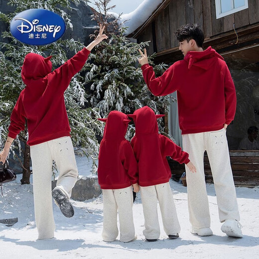 Disney parent-child sweatshirts plus velvet and thickening for mother and daughter 2025 new autumn and winter New Year's greetings for a family of three or four Western-style suits plus velvet red hat 150