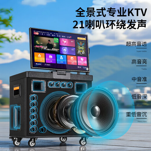 Konka family ktv audio set outdoor square dance audio with display screen live singing and dancing home mobile karaoke speaker karaoke machine touch screen integrated karaoke machine 17-inch screen/10-inch bass wooden box/lever universal wheel/1000G memory