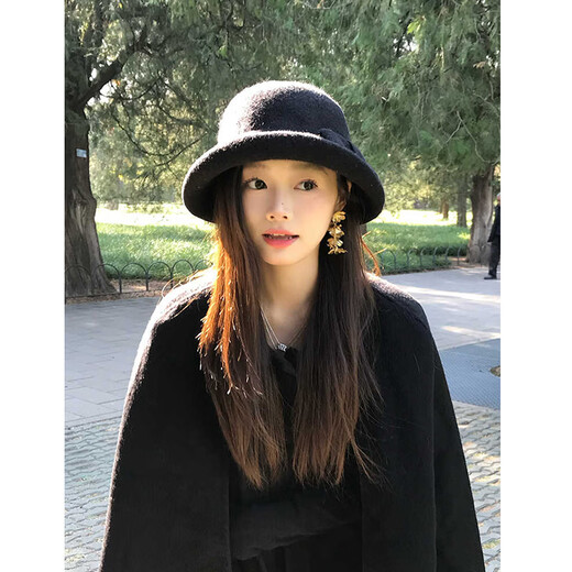 Huangsi Republic of China Retro Small Hat Women's 2026 Autumn and Winter French Basin Hat Temperament Bow Hepburn Style Dome Fisherman Hat Black (54-58)
