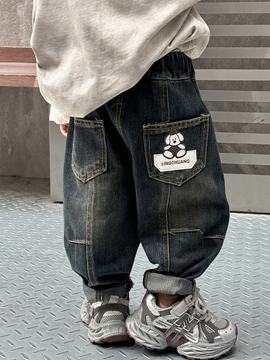 男童牛仔裤春秋2025新款帅气儿童超软休闲长裤男宝宝秋季百搭裤子 蓝灰色-春秋款 cm 90