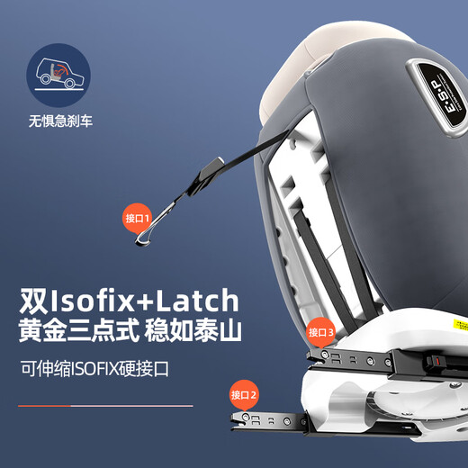 Heekin德国 儿童安全座椅汽车用0-4-12岁婴儿宝宝360度旋转ISOFIX硬接口 尊享灰(遮阳棚+上拉带+侧保护)