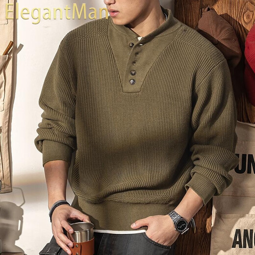 ElegantMan American retro Henry collar sweater men's khaki 2025 winter new thickened warm knitted bottoming shirt Henry shirt green khaki S