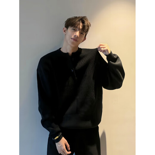Du Xiaoxian cleanfit Henry collar black sweater men's autumn and winter lazy style long-sleeved Polo shirt right shoulder inner sweater black XL recommended 120-140Jin Jin equals 0.5 kg