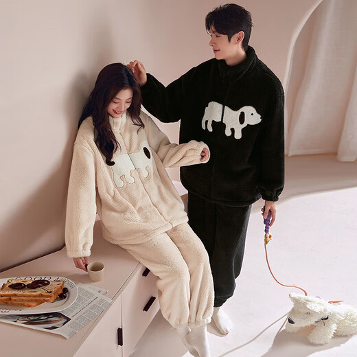 Cat Man Coral Fleece Couple Pajamas Autumn and Winter 2025 New Thick Velvet Casual Cartoon Flannel Ladies Home Clothes 89115 M