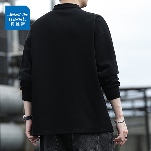 Jeanswest Fashionable Simple Pullover Sweatshirt 2025 New Autumn and Winter Loose Casual Henley Collar Top Men's Trendy Bottoming Shirt Black M Recommended 110-115Jin Jin equals 0.5 kg