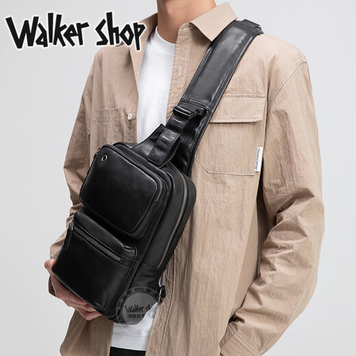 Walker Shop胸包男士【头层牛皮面料】休闲潮流单肩包青年时尚男士斜跨包 黑色 31cm*8cm*18cm