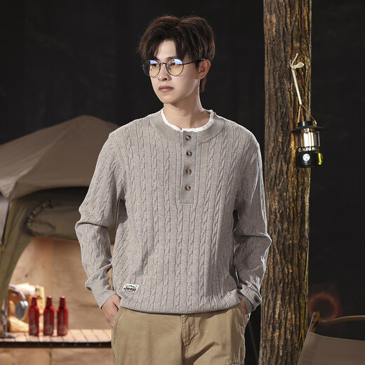 JEEP Men's Henry Collar Sweater Retro Twist Textured Comfortable Outdoor Style Fashionable Versatile Knitted Sweater Men's Top Floral Camel M