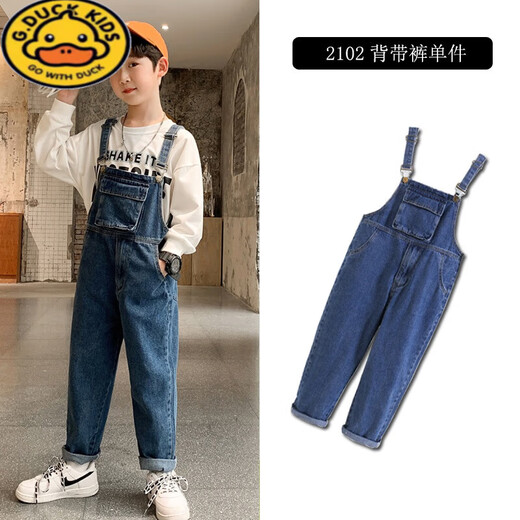 G.DUCKKIDS Boys and Girls Denim Overalls Suit Spring and Autumn 2025 New Medium and Large Children's Long Pants Performance Outfit Blue Single-piece Overalls 130 Recommended 120-130cm Age 7-8 Years Old