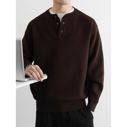 Xiao Hui Li Jia American old money style sweater men's autumn and winter lapel cotton Henry collar sweater thickened polo bottoming sweater dark coffee M _115Jin Jin is equal to within 0.5 kg