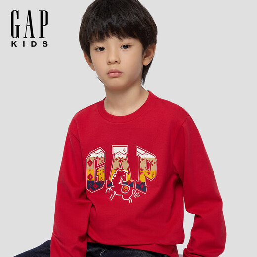 GAP (GAP) 2025 winter new printed logo cotton round neck long-sleeved T-shirt for boys and girls children's tops 829553