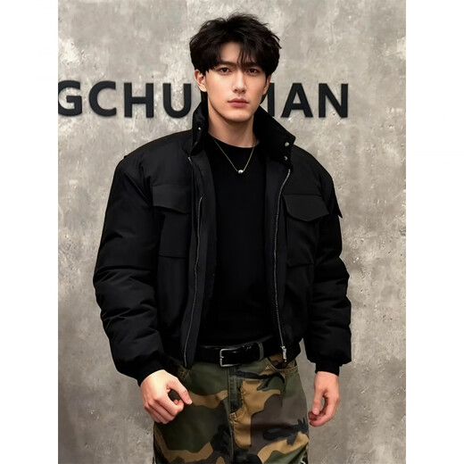 XUANSENTU American short high-collar light cavalry cotton coat men's autumn and winter tough guy wear work clothes stand-up collar jacket cotton coat A233-S378 black cotton coat upgraded version 2XL