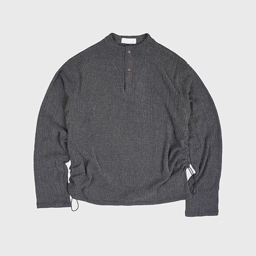 Textured tree branch black henley collar long-sleeved T-shirt for men in old money style loose drape P-shirt sweatshirt dark gray M