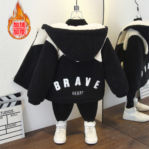 小红书爆款男童外套秋冬款棉服2羊羔绒3毛毛衣4帅气5岁宝宝加绒加 锯齿加绒毛毛衣咖啡色 cm 90