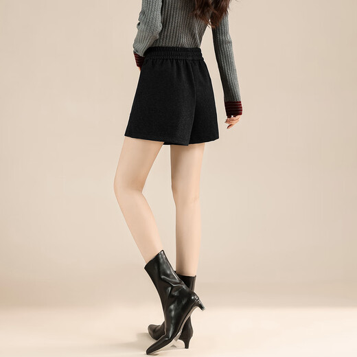 TERRE BLEUE High Waisted Woolen Shorts Retro Style 2025 Autumn and Winter New Women's Elastic Waist Suit Shorts Black M