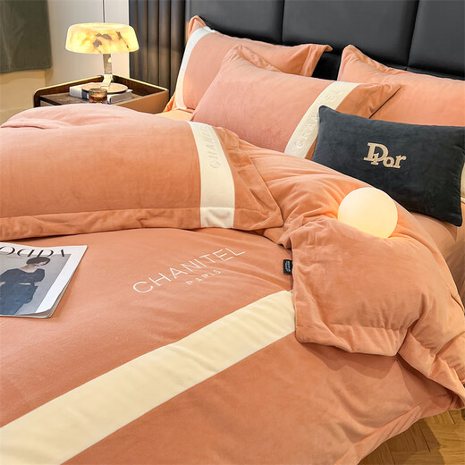 French style baby velvet bed four-piece set winter thickened double-sided baby velvet bed sheet quilt cover winter new product Mansha-Emma Orange bed sheet 1.5m quilt cover 200*230
