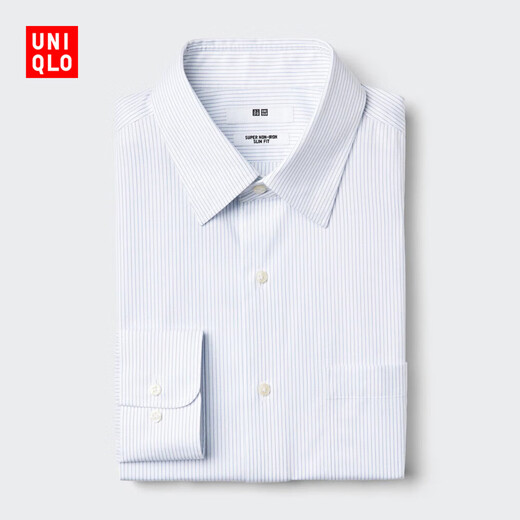 Uniqlo men's high-performance slim-fit anti-wrinkle striped shirt long-sleeved shirt business commuting 25 autumn and winter 478000 62 powder blue L /175/100A
