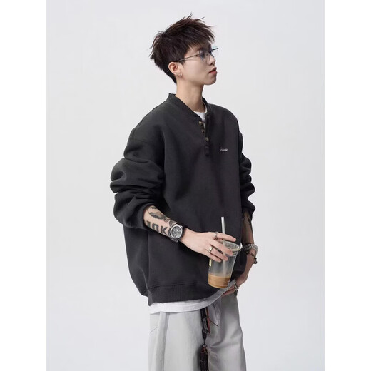 Heavy letter sweatshirt men's autumn and winter American fashion brand Henry collar long-sleeved retro inner layering shirt jacket black XL recommended 120-140Jin Jin equals 0.5 kg