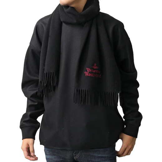 Vivienne Westwood Queen Mother Autumn and Winter New Warm and Windproof LOGO Embroidered Wool Tassel Scarf Unisex Black