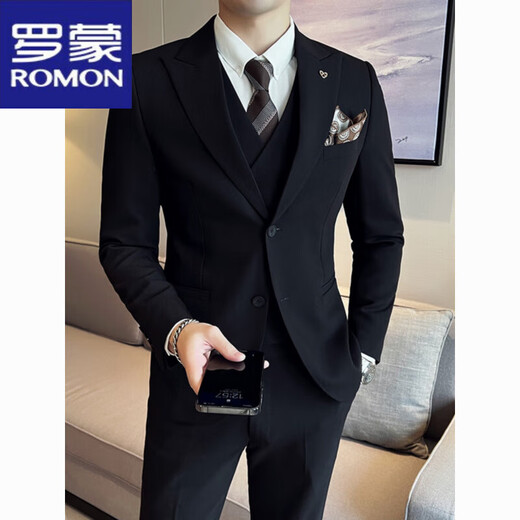 ROMON men's suit jacket, high-end, handsome, Korean version, slim fit, British yuppie business casual groom's suit, trendy dark green suit + vest + pants, two buckles M 100-115 Jin Jin is equal to 0.5 kg