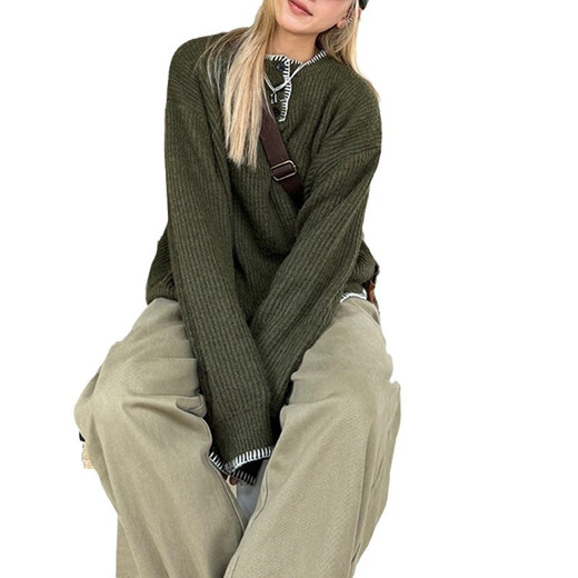 Fei Ramie American Retro 2025 Autumn and Winter Knitted Sweaters for Men and Women Loose Casual Lazy Style Henry Collar Sweater Trendy Green M