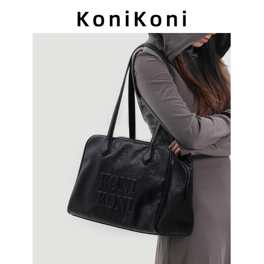 KONIKONI Women's Handbag Large Capacity Shoulder Bag Genuine Leather Bowling Tote Bag Women 2026 New Autumn and Winter Boston Black
