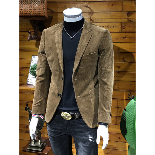 Rowswell2025 new spring and autumn corduroy suit for young men Korean version slim retro business casual small suit jacket black XL