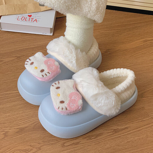 Cartoon Cat Fur Shoes Thick Sole Increased Anti-Slip Outer Wear Baotou 2025 Baby Autumn and Winter Indoor Removable Cotton Slippers Blue Thickened Removable Washable Cotton Cover 38.5 38-39 Sizes (Suitable for Feet 37-38)