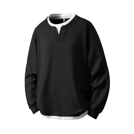 Love Noble 971 Large Size Long Sleeve T-Shirt Men's Fake Two-Piece Henley Collar Casual Loose Sweatshirt with Bottoming Shirt Autumn Black One Size 1XL (170Jin Jin is equal to 0.5kg -220Jin Jin is equal to 0.5kg)