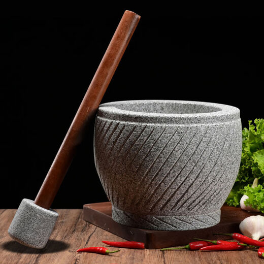 Extra large rice cake making garlic pounder stone garlic mortar grinder stone nest making rice cake peeling garlic garlic press pair nest Shandong gray polished diameter 20 cm bowl with wooden hammer