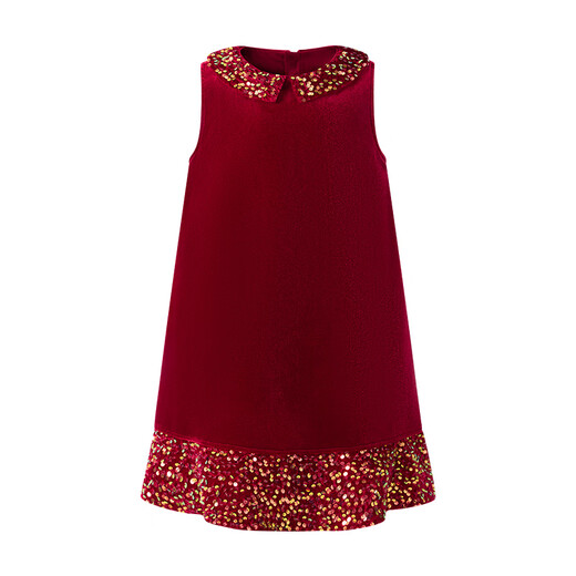 Little Naive Girls' Velvet Sequined Tank Top Winter Small Square Neck Children's Velvet Dress Burgundy 120